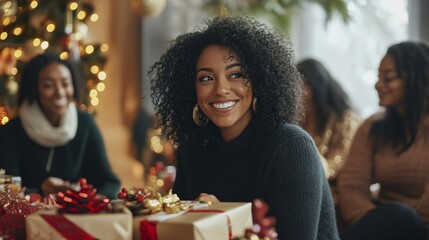 Joyful christmas gathering with friends cozy home lifestyle photography warm atmosphere close-up celebration