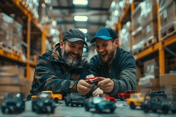 Two friends enjoying time together, playing with toy cars in a warehouse filled with boxes and warmth.