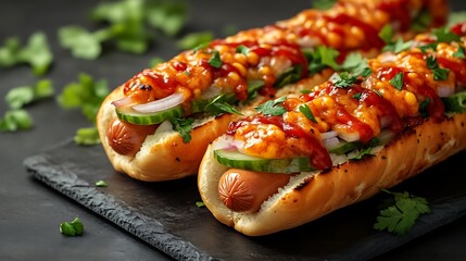 Two delicious gourmet hot dogs topped with ketchup, mustard, cheese, pickles, onions, and cilantro.