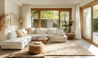 Fototapeta premium Charming Cottage Comfort, Scandinavian-Style Living Room with Natural Textures and a Homely Feel