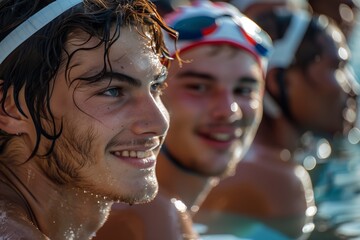Two smiling young swimmers enjoying their time in the pool, showcasing joy and enthusiasm for sports and fitness.