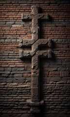 Rough-hewn brick wall, imposing dark cross carved deeply,  vintage,  shadow,  rough
