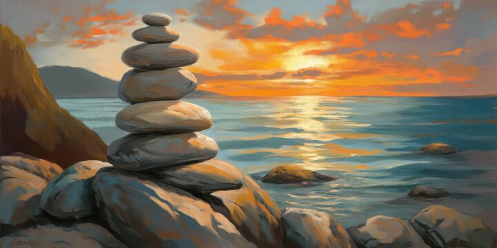 Piedras apiladas al atardecer en la costa del mar