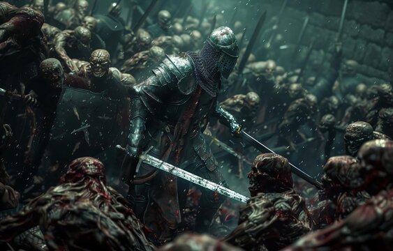 Knight full plate armor stands resolute slicing through undead hordes his twohanded sword his armor reflecting dim light amidst chaotic battlefield