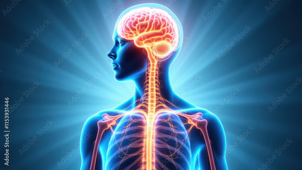 Poster vagus nerve stimulation - a person's head with an illuminated brain and highlighted spinal cord to s