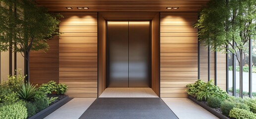 Modern entrance with wooden panels, sleek doors, and greenery.