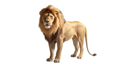 Obraz premium A full-body view of a majestic adult male lion with a lush mane, isolated on a transparent background, symbolizing power and royalty.