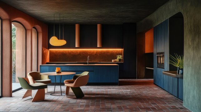 Modern kitchen with terracotta floor, blue cabinetry, and orange accents.