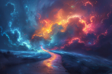 Naklejka premium Fantasy Clouds Swirling Above a Winding Road