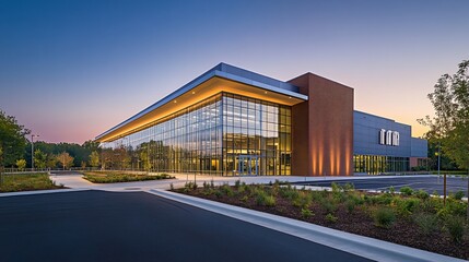 Fototapeta premium Modern glass-fronted building with landscaped surroundings at dusk.