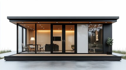 Modern glass-fronted structure with a minimalist design for versatile use.