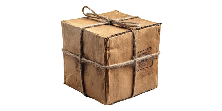 Brown paper package tied with string isolated on transparent background