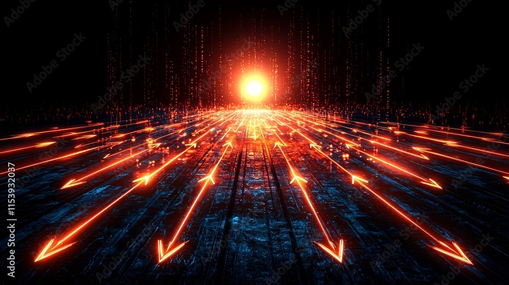 Poster arrows converging toward a glowing central focus in dark abstract background futuristic and dynamic 
