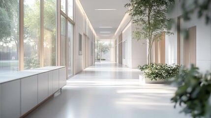 Obraz premium Modern hallway with natural light and greenery, promoting a serene environment.