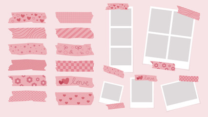 Blank photo frames collage set. Valentine’s Day Washi Tape Sticker Collection. Vector isolates in cartoon flat style.