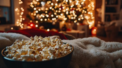 Cozy christmas movie night home photo festive living room close-up relaxation