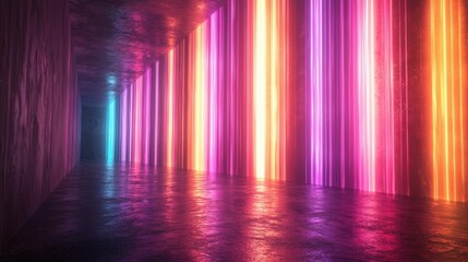 A stunning digital artwork depicts a vibrant tunnel illuminated by colorful neon lights. The space features vertical streaks of vivid pink, blue, and orange hues.