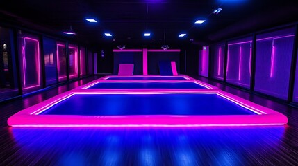 Neon-lit indoor trampoline park.