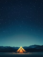 Bright tent illuminated under a starry night sky in a serene mountain landscape. Generative AI