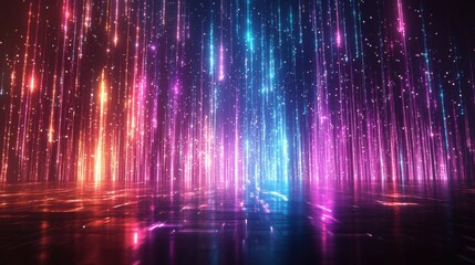 A vibrant abstract background featuring colorful neon light streaks in shades of blue, purple, and orange on a reflective surface.