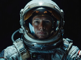 Fototapeta premium Close-up portrait of an astronaut in a space suit, highlighting reflective textures and intricate details, set against a deep black background. Generative AI
