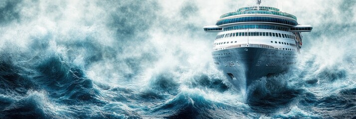 A cruise ship navigating through turbulent ocean waves.