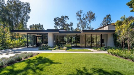 Modern house with large glass windows surrounded by lush greenery and lawn.
