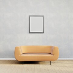Home interior mock up poster on a white concrete wall, sofa and decor in Living room, blank picture frame, 3d render, 3d illustration