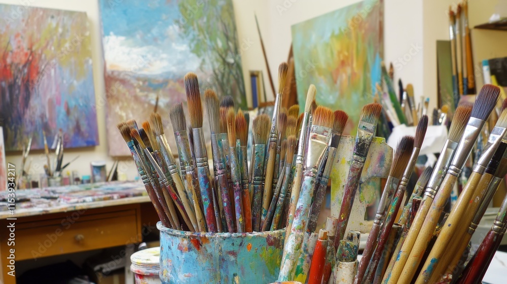 Poster a vibrant painting workshop in a bustling art studio, paintbrushes and canvases arranged creatively,
