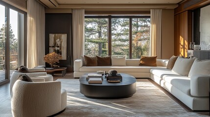 Modern living room with large windows, cozy seating, and natural light.