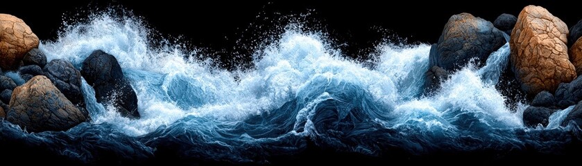 Dramatic Ocean Waves Crashing Against Rocks in Turbulent Seascape Against Black Background