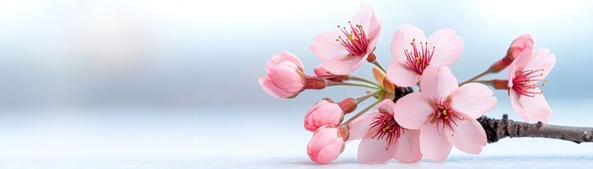 Obraz premium Delicate Cherry Blossom Branch with Pink Flowers Appearing in Soft Light Background