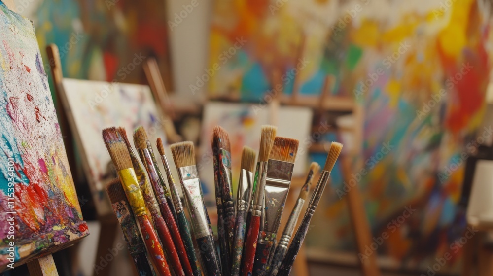 Poster a vibrant painting workshop in a bustling art studio, paintbrushes and canvases arranged creatively,
