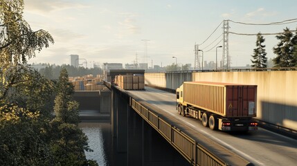 Fototapeta premium Transporting goods across a bridge urban landscape trucking scene daylight aerial view logistics optimization