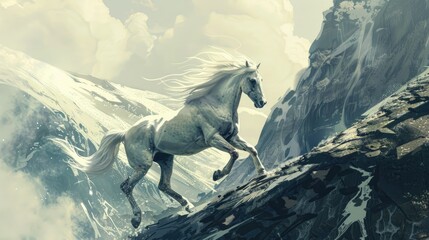 Fototapeta premium A majestic white horse gallops across a rocky mountain landscape under a cloudy sky.