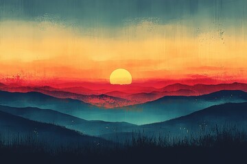 Sunrise over a Misty Mountain Range - a Colorful Digital Landscape