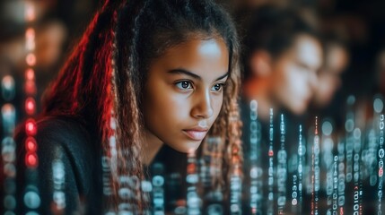 Focused young woman looking at data stream.
