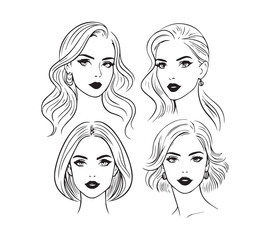 Set of stylized woman faces. Modern single line art. Woman beauty fashion concept, minimalistic style Black and white