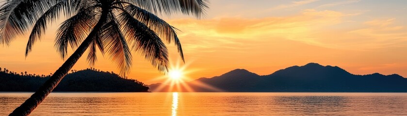 Serene Sunset Over Tranquil Water with Silhouette of Palm Trees and Mountains in the Distance