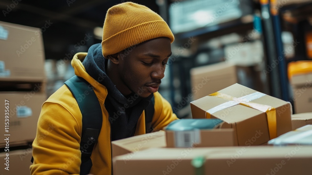 Poster warehouse worker sorting packages in busy distribution center industrial environment close-up view l