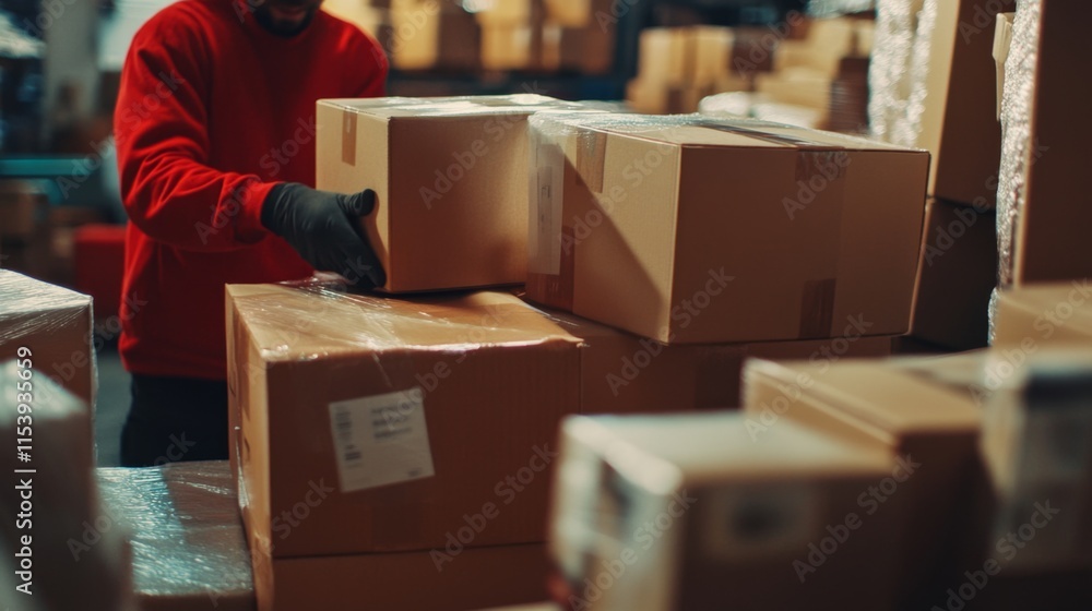 Poster warehouse worker handling delivery packages industrial setting action scene close-up viewpoint logis
