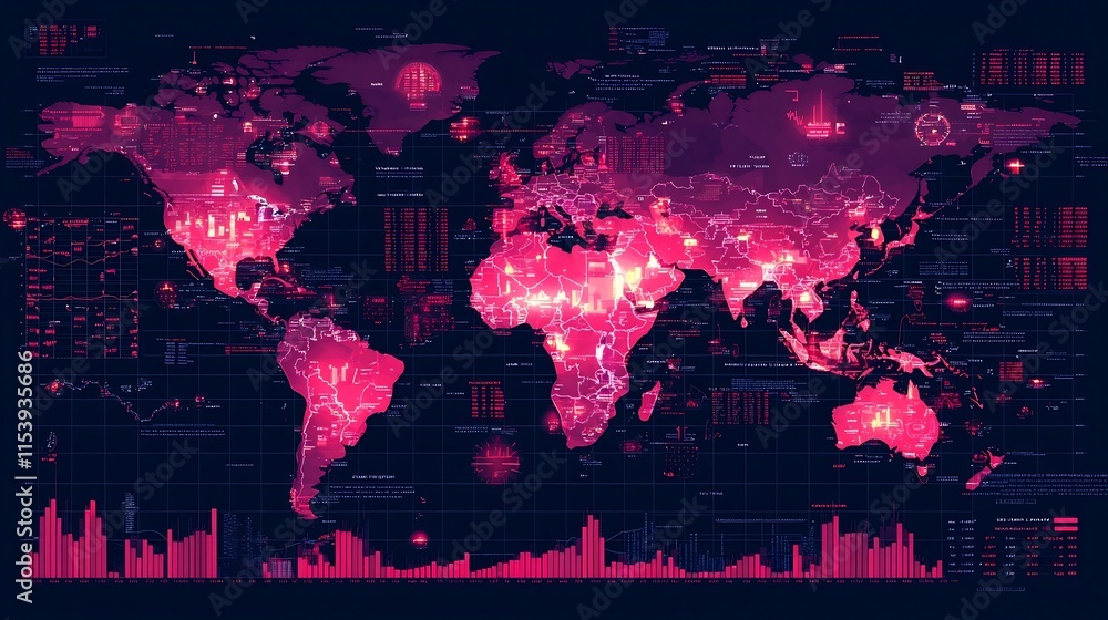 Poster futuristic abstract global map visualization integrated with real time market data trends financial 