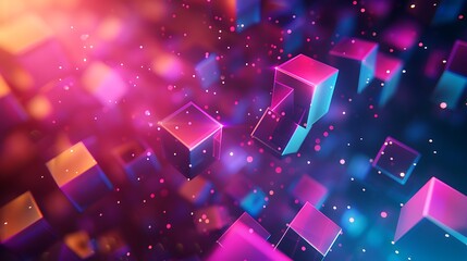 Abstract modern background featuring luminous geometric cubes in vibrant neon colors arranged in a dynamic composition with empty space designed for text placement and content overlay.
