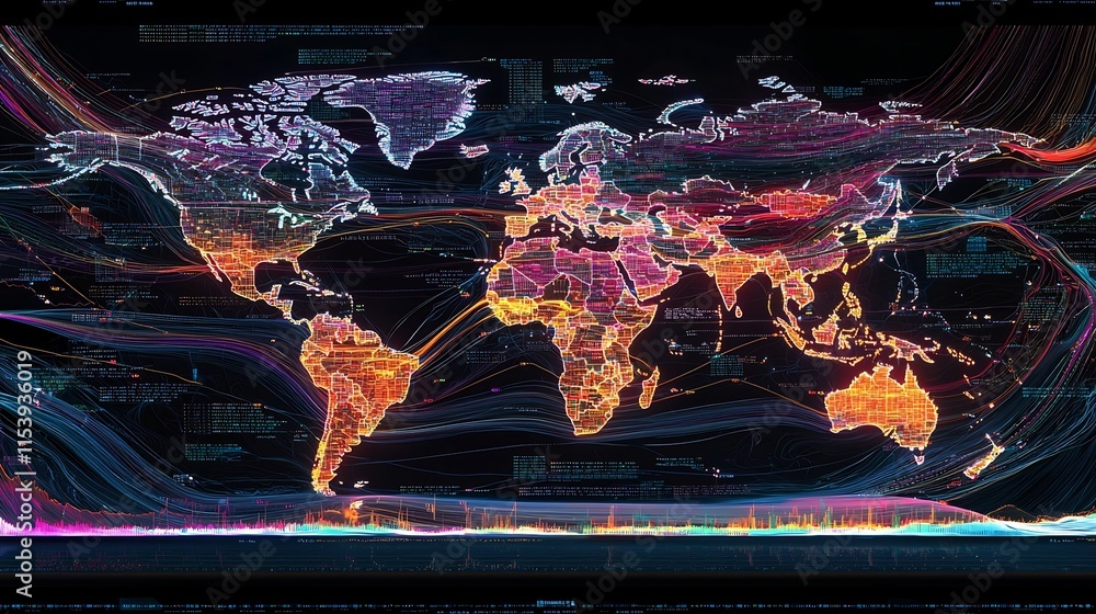 Poster futuristic abstract global map integrated with dynamic market data trends financial networks and dig