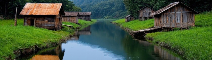 Serene River Landscape with Wooden Houses Amidst Lush Greenery and Calm Water Reflection