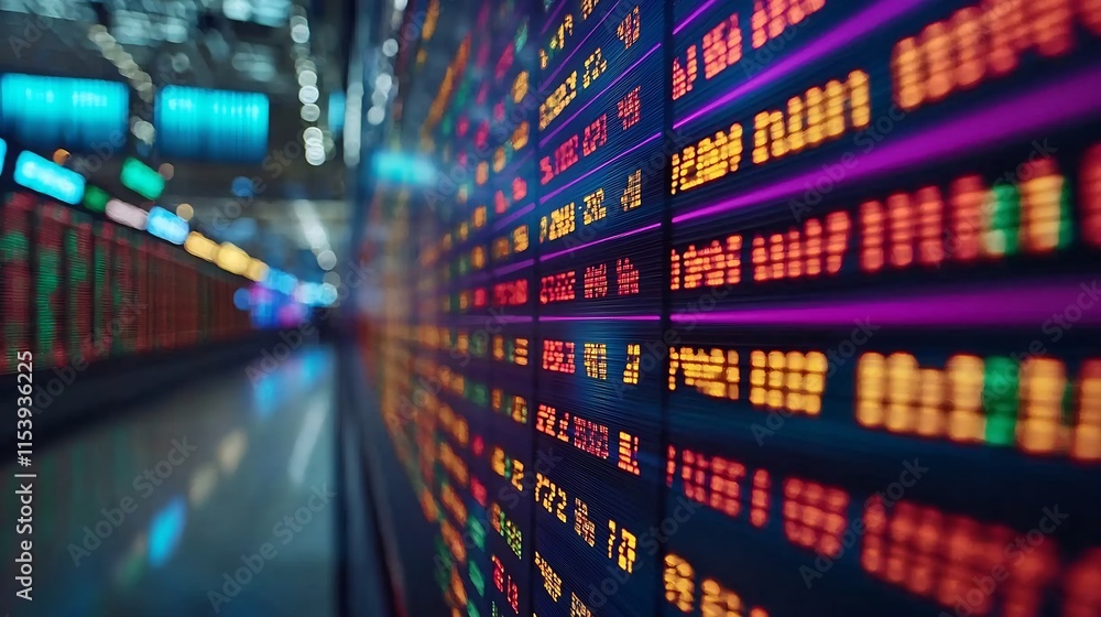 Poster vibrant and dynamic digital display with scrolling market ticker numbers and financial data high tec