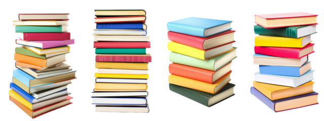 A tall column of different books, isolated with a transparent background, available as a PNG file.