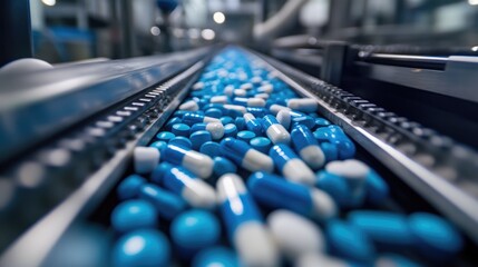 Fototapeta premium Blue and White Pills Flowing on a Conveyor Belt