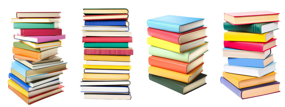 A tall column of different books, isolated with a transparent background, available as a PNG file.