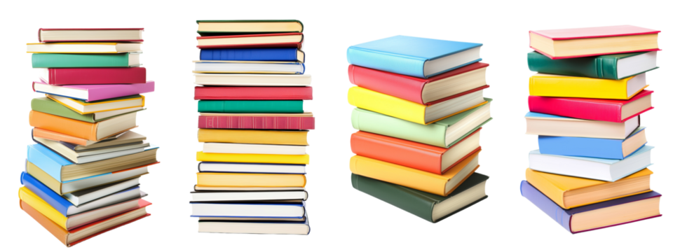 A tall column of different books, isolated with a transparent background, available as a PNG file.
